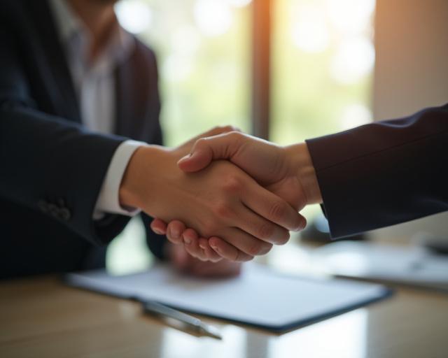A compassionate handshake between a client and a funeral director in a calm office setting.